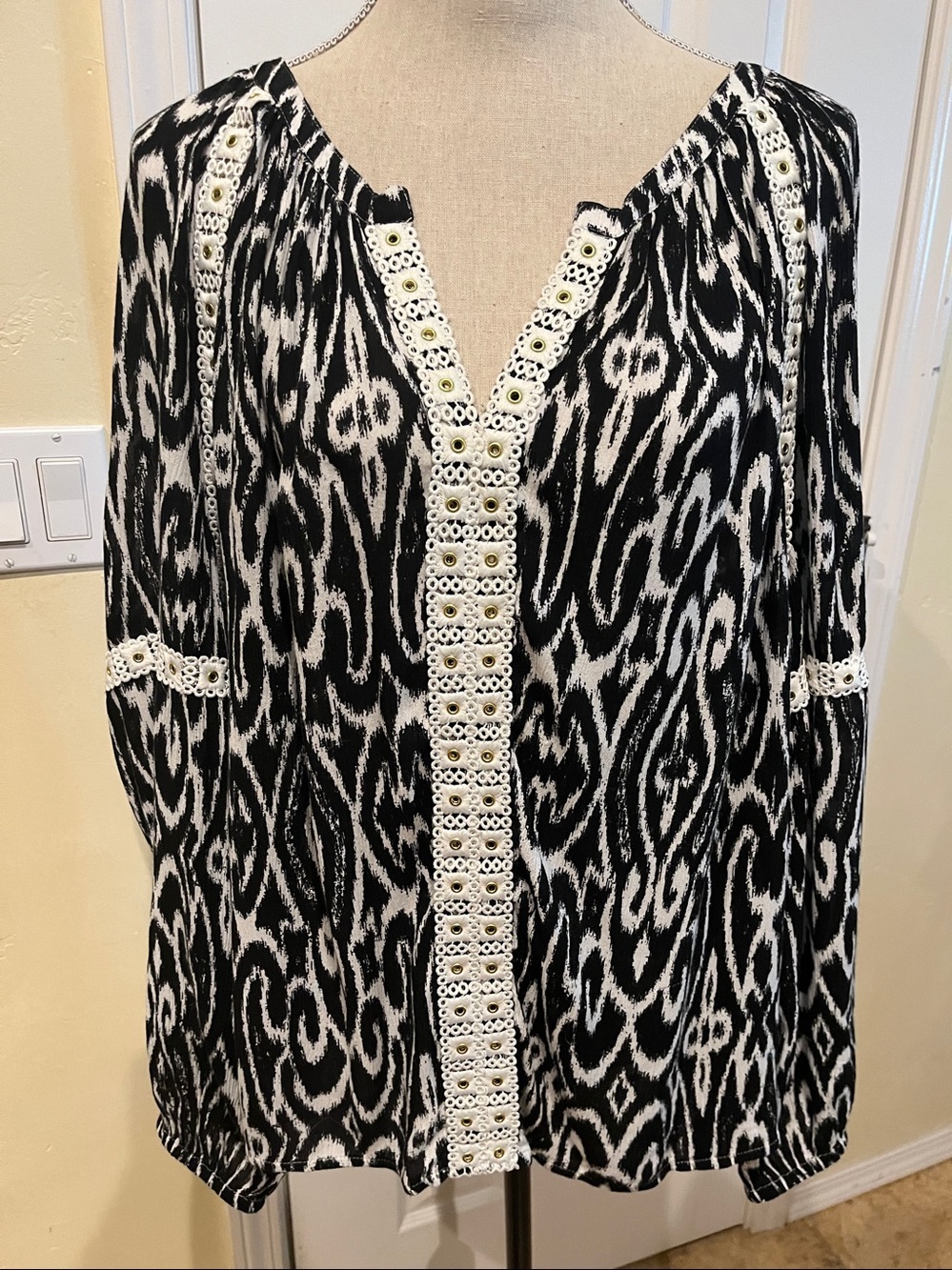 I.N.C. Black and White Printed Top with Crochet/Grommet Trim